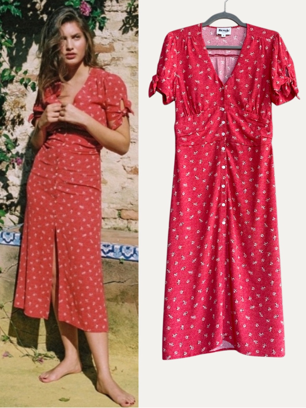 ROUJE Red & White Floral Dot Printed Button Down V Neck Laura Midi Dress 38, 4/6 - Picture 17 of 17